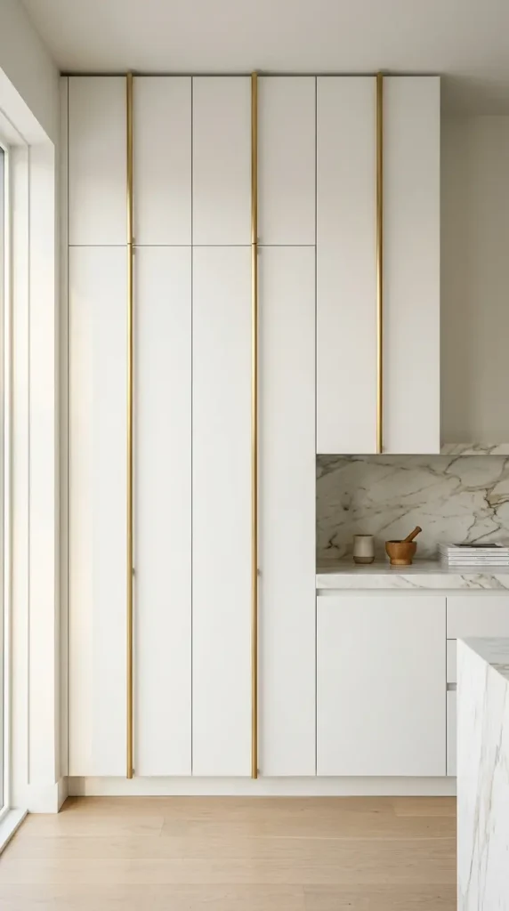 16 Minimalist Luxury Kitchen Sculptural Island Calacatta Stone Brass 4 4. Warm Brass Integrated Handles Running the Full Cabinet Height