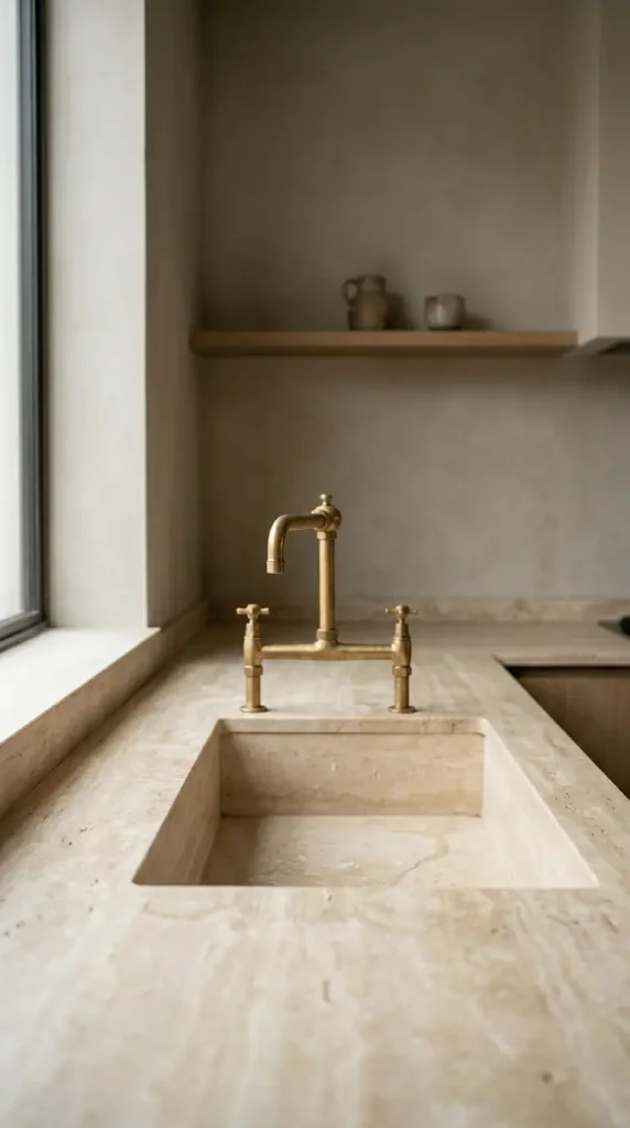 11 Minimalist Luxury Kitchen Quiet Luxury Greige Travertine Warm 4 4. Warm Brass Tap as the Only Decorative Object in the Kitchen