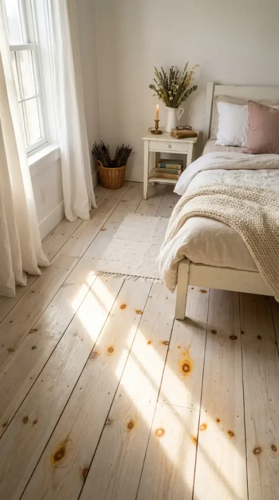 27 Light Wood Flooring for Farmhouse Whitewashed Pine Style 4 4. Whitewashed Pine Bedroom Floor — Morning Light Scene
