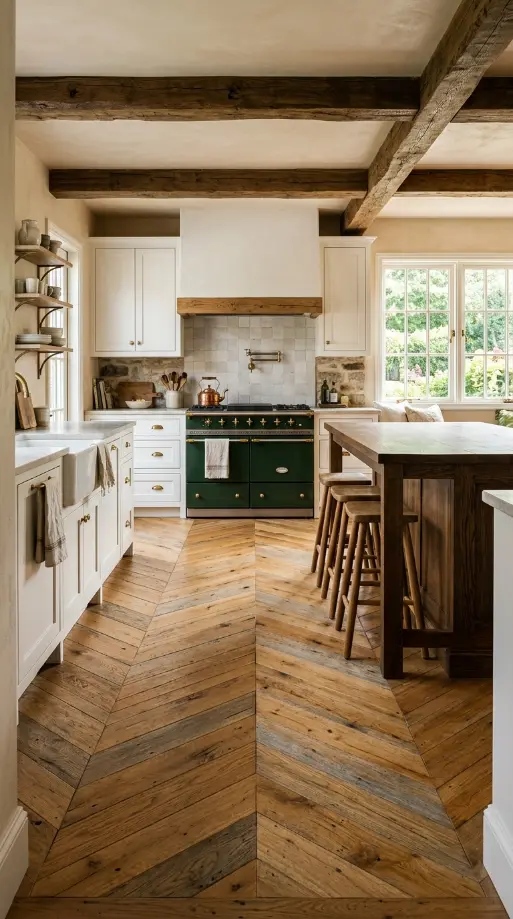 25 Kitchen Flooring Ideas for Farmhouse Herringbone Reclaimed 4 4. Wide Plank Reclaimed Herringbone — Chevron Variation