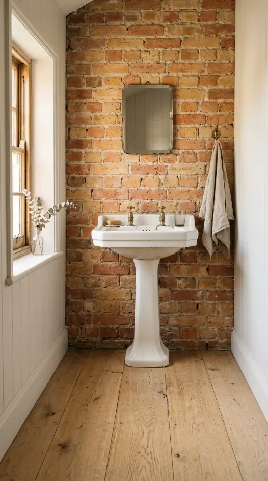 26 Light Wood Flooring for Farmhouse Wire-Brushed Oak Bath 4 4. Wire-Brushed Oak Floor With Exposed Brick Walls and Vintage Basin