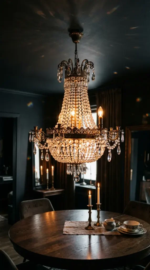 20 Vintage Home Aesthetic Glamouratti Moody Apartment 5 5. A Crystal or Antique Glass Chandelier Above the Main Room