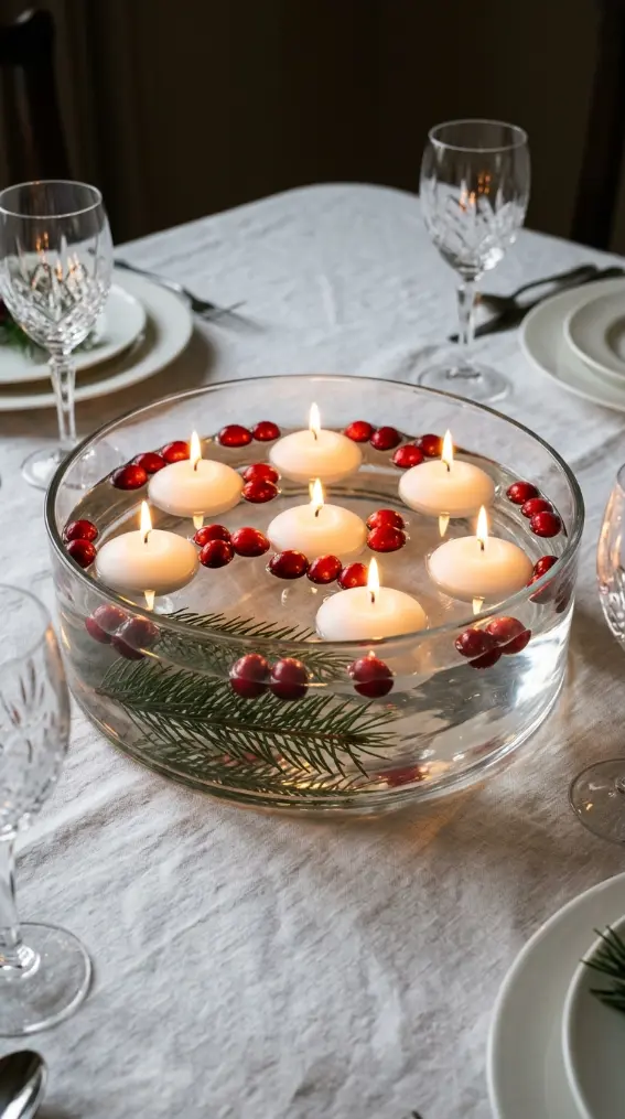13 Festive Table Decorations Candles Floating Glass Ethereal 5 5. A Single Large Glass Bowl With Floating Candles and Cranberries