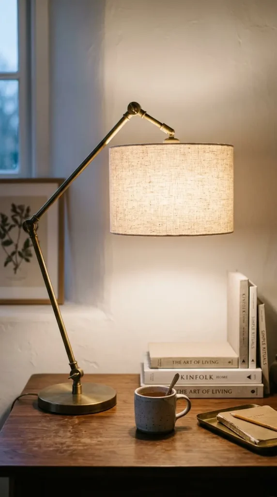 26 Cozy Home Office Warm Wood Linen Neutral Style Ideas 5 5. A Warm Brass Desk Lamp With a Linen Shade