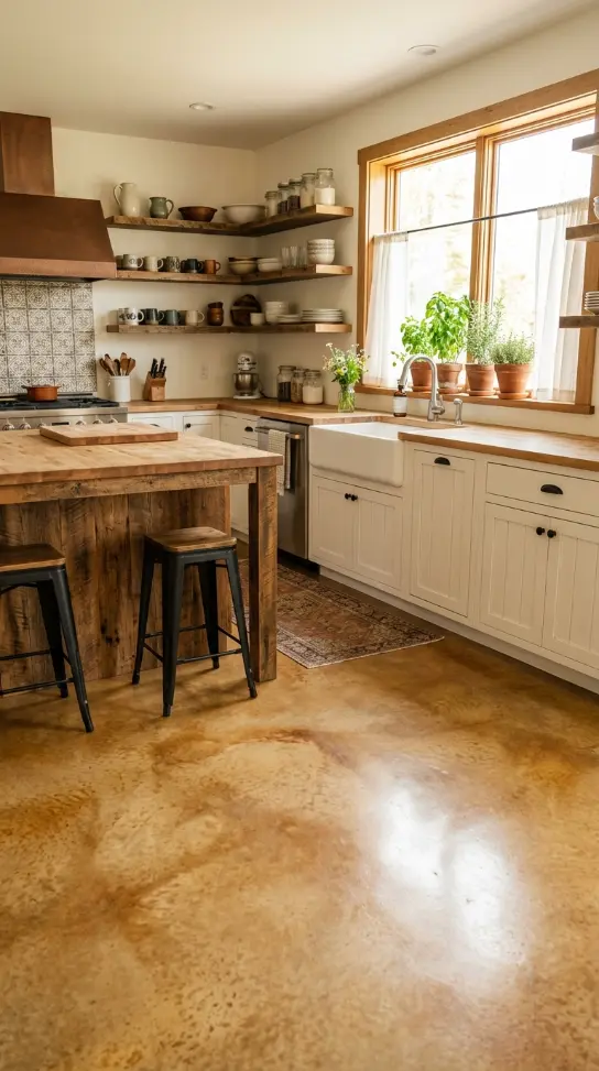 9 Affordable Farmhouse Flooring Ideas Stained Concrete 5 5. Apply Stained Concrete in the Farmhouse Kitchen for the Most Practical Room Choice