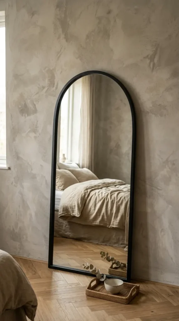 14 Big Mirror in Bedroom Leaning Arch Black Frame Greige 5 5. Arch Mirror Leaned Against Limewash Greige Wall