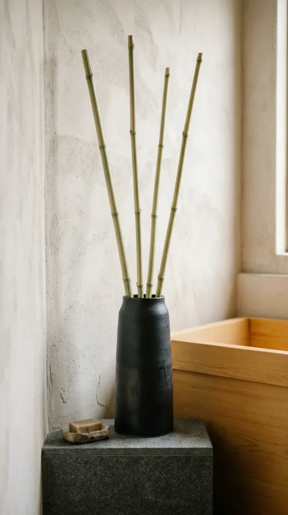 30 Bathroom Plants Decor Japandi Minimal Hinoki Tub Style 5 5. Bamboo Stems in a Tall Dark Ceramic Vessel