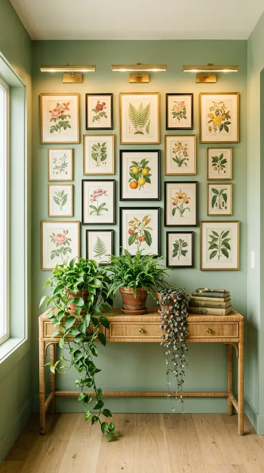 18 Console Table Decor Maximalist Gallery Wall Picture Lights 5 5. Botanical Print Wall with Brass Picture Lights and Trailing Plants