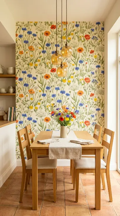 15 Vibrant Floral Wallpaper Accent Wall Room Decor 5 5. Botanical Wildflower Meadow Accent Wall in the Kitchen Diner