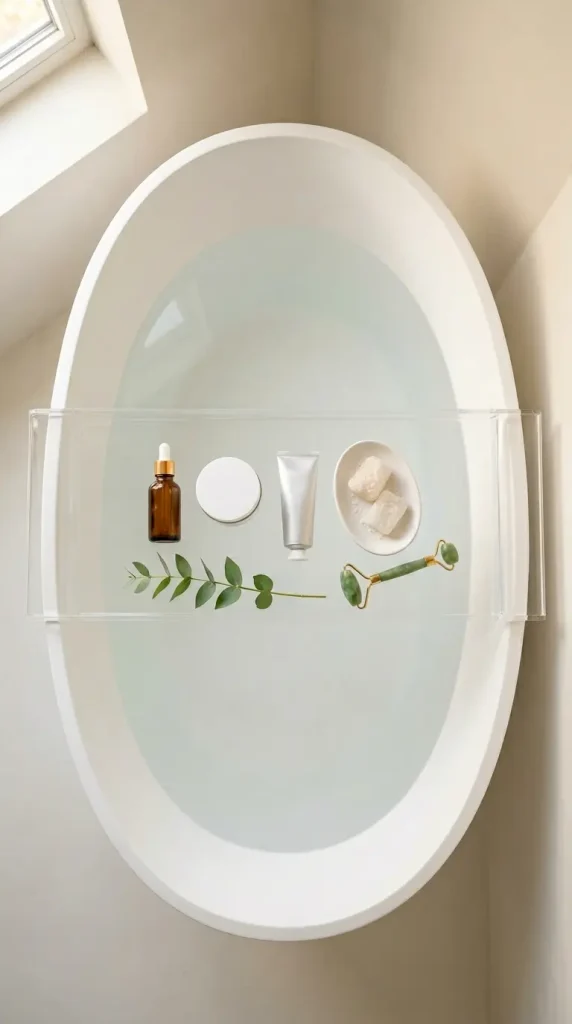 20 Bathtub Tray Clear Acrylic Modern Minimal Floating Look 5 5. Clear Acrylic Tray Styled as a Skincare Flat Lay
