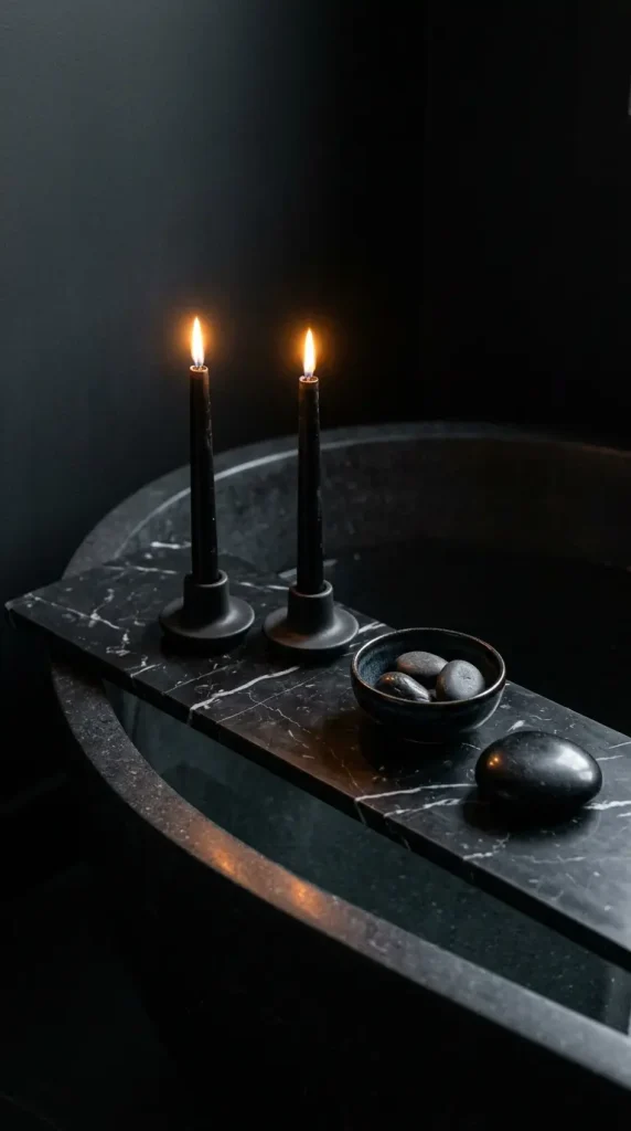15 Bath Tub Decor Ideas Dark Moody Candlelit Night Soak 5 5. Create a Dark Bath Tray With Black Marble and Black Candles
