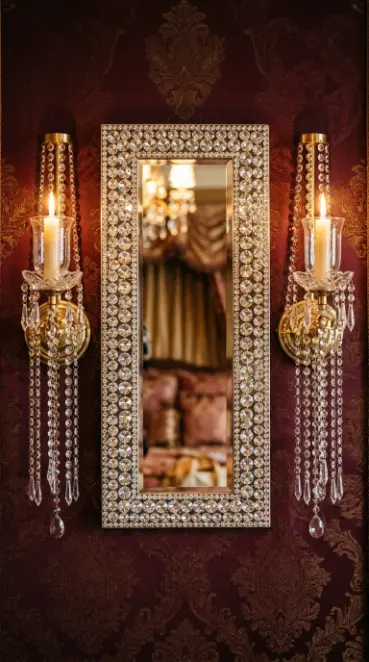 16 Bedazzled Mirror Vanity Crystal Old Hollywood Glam Decor 5 5. Crystal Mirror Flanked by Matching Crystal Candle Sconces