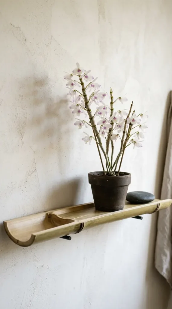 26 Bathroom Shelf Plants Decor Japandi Orchid Minimal 5 5. Dendrobium Orchid on a Bamboo Shelf
