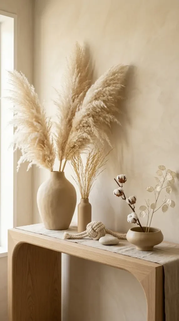 16 Console Table Styling Curved Soft Beige Rope Knot 5 5. Dried Pampas and Botanical Stems in Beige Vessels