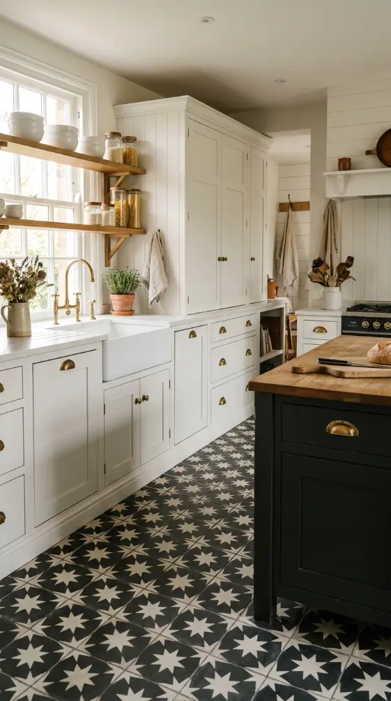 26 Kitchen Flooring Ideas for Farmhouse Black White Encaustic 5 5. Encaustic Floor With White Shaker Cabinets and Aged Brass Hardware