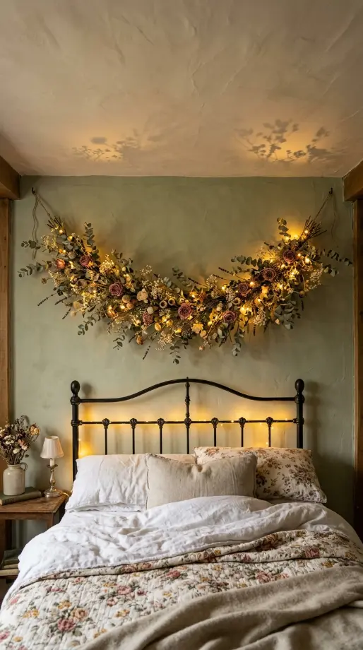 32 Cute Room Ideas for a Dreamy Cottagecore Bedroom 5 5. Fairy Lights Woven Through a Dried Botanical Garland Above the Bed