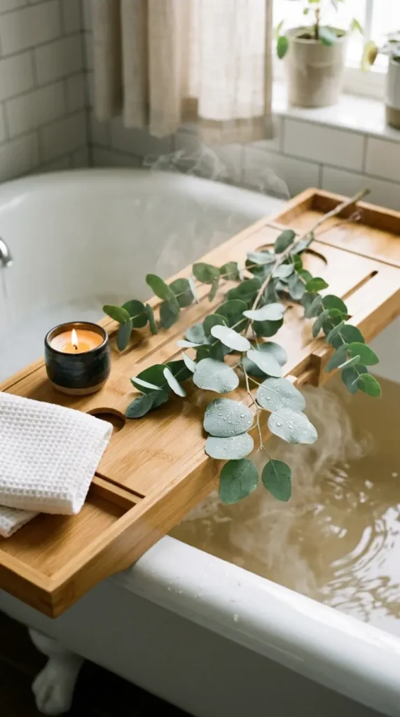 16 Rustic Bathtub Tray Ideas for a Spa Style Bamboo Tub 5 5. Fresh Eucalyptus Sprig Draped Across the Tray