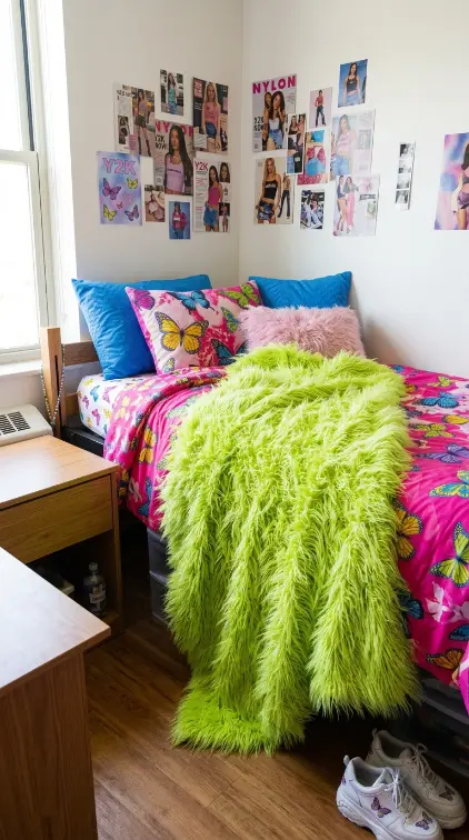 13 Dorm Bed Inspo Y2K Retro Colorful Bold Twin XL Style 5 5. Fuzzy Faux Fur Throw in a Saturated Neon Tone