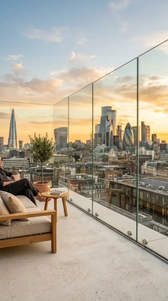 26 Minimal Outdoor Living Space Design for a Rooftop Terrace 5 5. Glass Perimeter Railing for Unobstructed Views