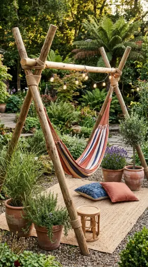 22 Outdoor Furniture Layout Ideas Boho Garden Hammock 5 5. Hammock Frame — No Trees Required