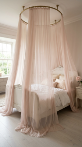 17 Bedroom Aesthetic Romantic Soft Luxe Peony Silk Style 5 5. Hang Sheer White or Blush Silk Voile Canopy Over the Bed