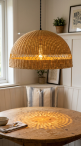 14 DIY Breakfast Nook Farmhouse Wainscoting Storage Bench 5 5. Hang a Woven Rattan Pendant Light Low Above the Farmhouse Table