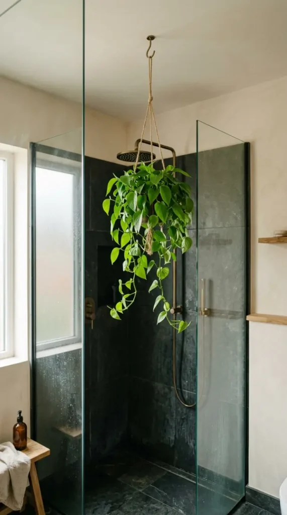 14 Minimal Bathroom Plants Decor Inspiration Small Space 5 5. Hanging Plant Above the Shower