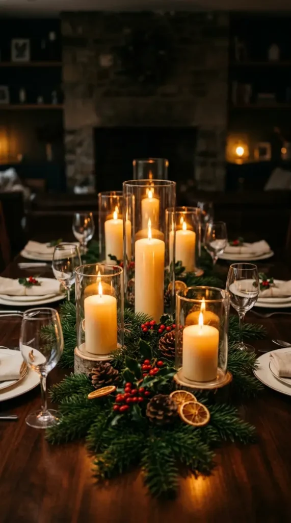 13 Festive Table Decorations Candles Classic Christmas Green 5 5. Hurricane Glass Lanterns Over Pillar Candles Along a Greenery Bed