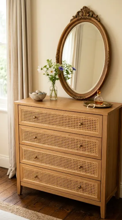 14 Vintage Bedroom Ideas Cane Rattan European Elegant 5 5. Install Cane Fronted Dresser Drawers for Textural Storage Elegance