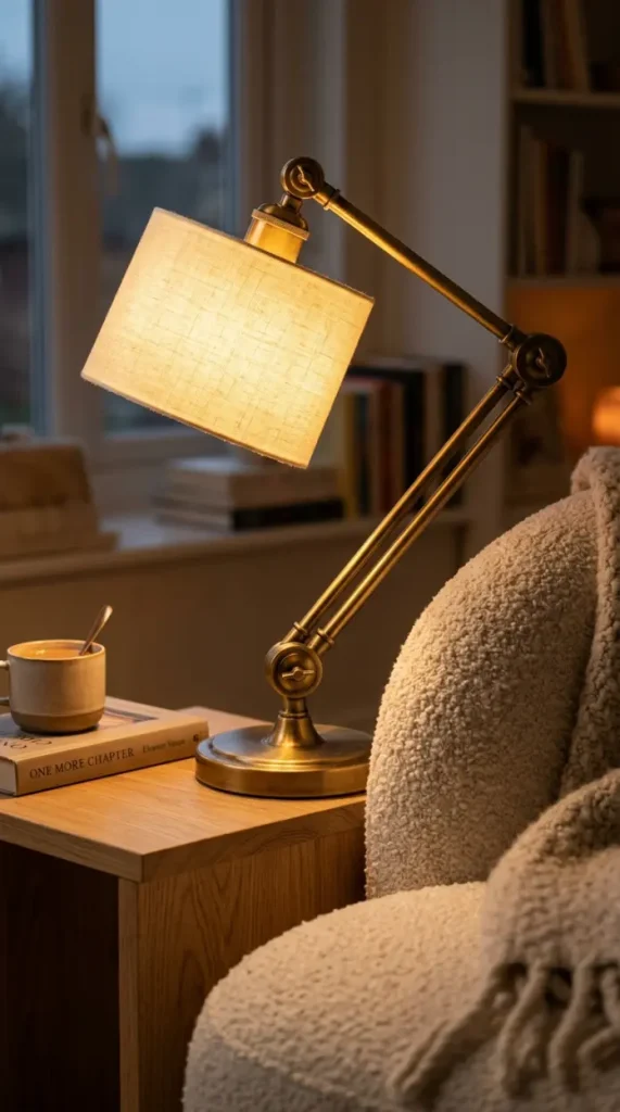 8 Chaise Lounge Reading Nook Bouclé Built-In Bookshelf Nook 5 5. Install a Warm Brass Reading Lamp With an Articulating Arm