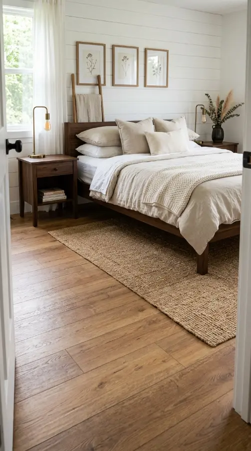 25 Affordable Farmhouse Flooring Ideas Budget Laminate Wood 5 5. Laminate Farmhouse Floor in a Budget Bedroom Makeover