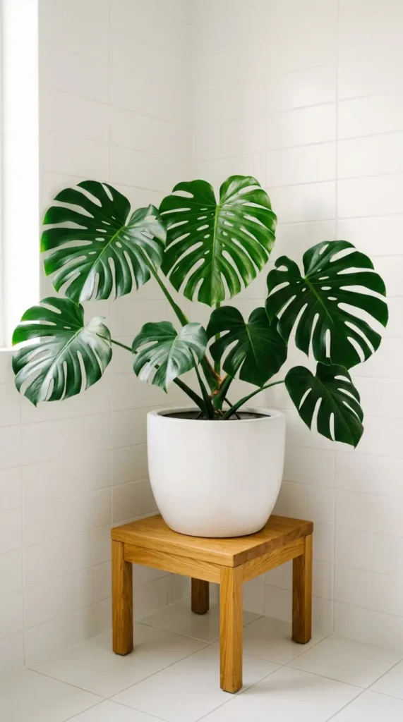 28 Minimal Bathroom Plants Decor Inspiration Oak White Style 5 5. Large Monstera on Oak Stool in White Bathroom Corner
