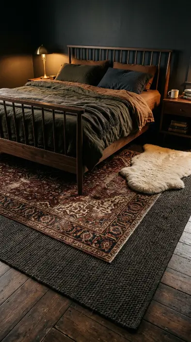 18 Vintage Bedroom Ideas Dark Brown Wood Moody Decor 5 5. Layer Three Rugs for Maximum Moody Textile Warmth