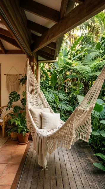 17 Indoor Outdoor Living Boho Macramé Jungle Garden View 5 5. Macramé Hammock in Indoor Outdoor Transition Zone