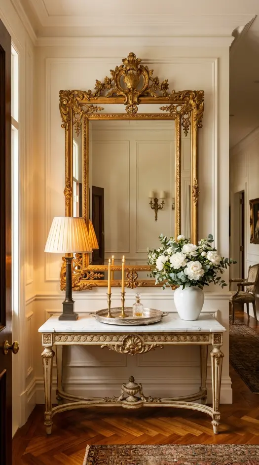26 Entryway Console Table Ideas Traditional Marble Top 5 5. Marble Top Console With an Ornate Gilt Mirror Above