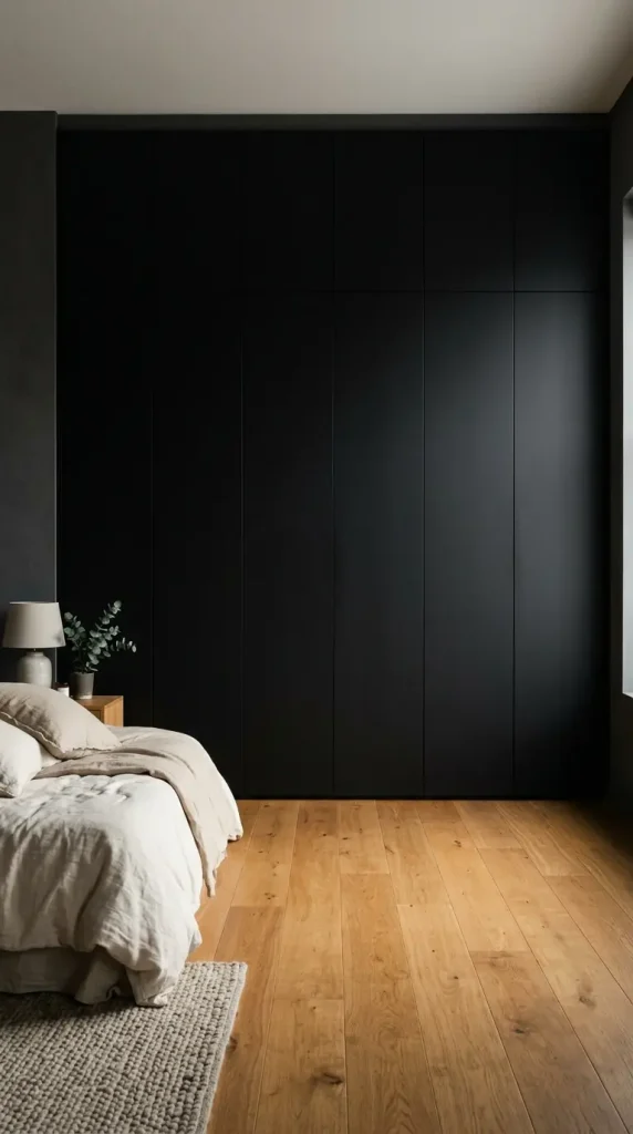13 Minimalist Luxury Bedroom Dark Moody Charcoal Dramatic Calm 5 5. Matte Black Architectural Wardrobe as a Full Wall