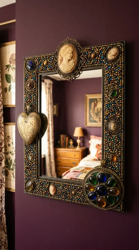 13 Bedazzled Mirror Vintage Jewelry DIY Eclectic Bedroom 5 5. Mirror Frame Bedazzled With Vintage Costume Jewelry Pendants