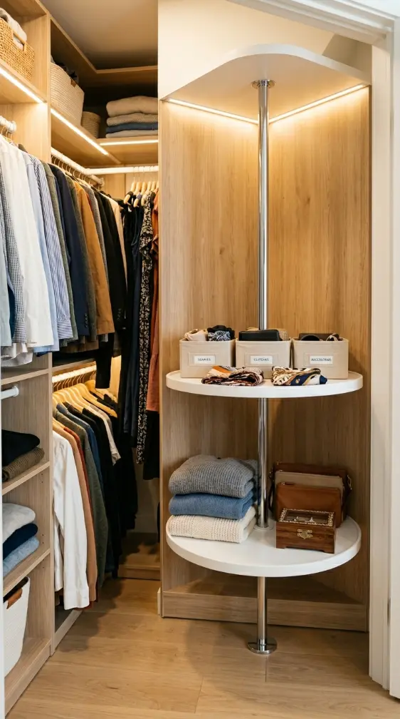 26 Smart Storage Closet Ideas Corner Diagonal Closet 5 5. Mirrored Diagonal Wall — Space Expansion and Light Bounce