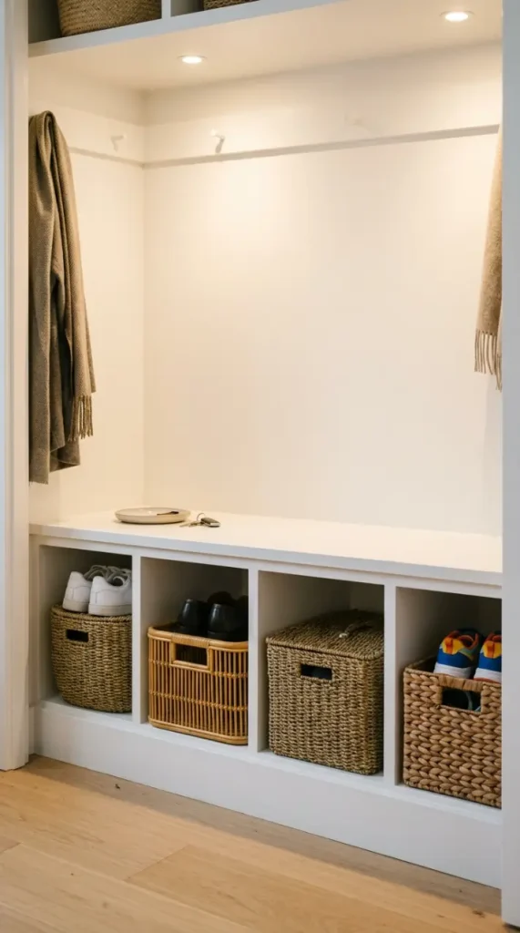 14 Small Storage Closet Organization Coat Closet Mudroom 5 5. Natural Rattan and Seagrass Baskets as Shoe Storage