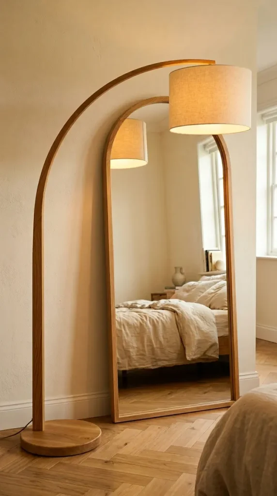 17 Big Mirror in Bedroom Oversized Oak Arch Warm Neutral 5 5. Oak Arch Mirror Paired With a Natural Oak Arc Floor Lamp