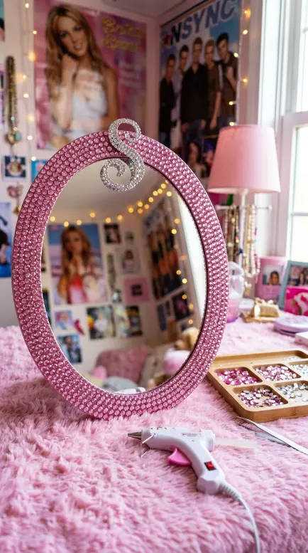 12 Bedazzled Mirror Y2K Rhinestone DIY Pink Glam Bedroom 5 5. Oval Mirror With Rhinestones Spelling Out a Name or Initial