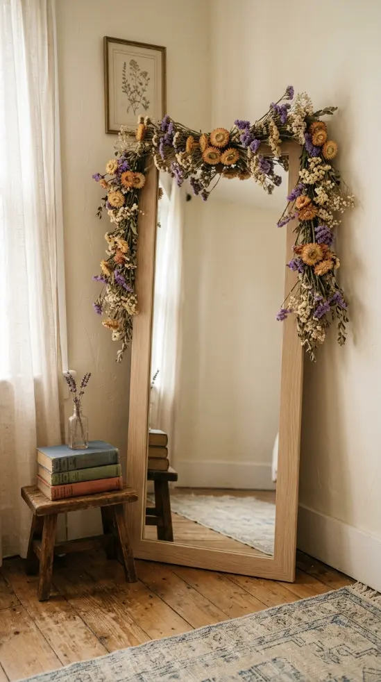 12 Floor Mirror Bedroom Cottagecore Wooden Morning Light 5 5. Pale Oak Mirror With a Garland of Dried Flowers Along the Top
