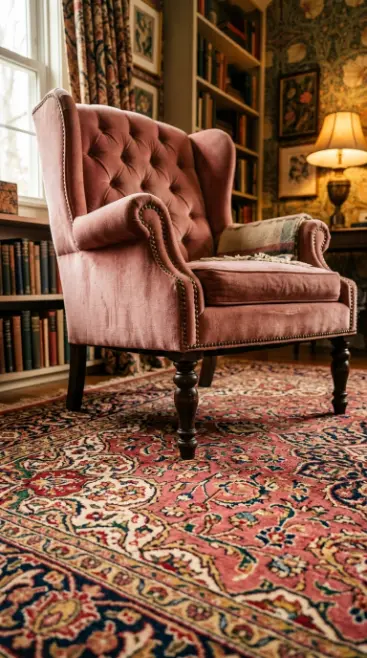 19 Comfy Reading Chair Vintage Pink Velvet Bedroom Maximalist 5 5. Pink Velvet Chair on a Persian or Floral Pattern Rug