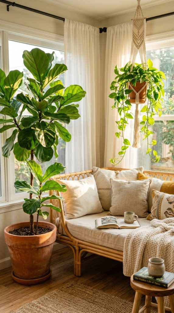 10 Chaise Lounge Reading Nook Rattan Daybed Boho Sunlit Nook 5 5. Place a Trailing Plant on One Side for Organic Boho Life
