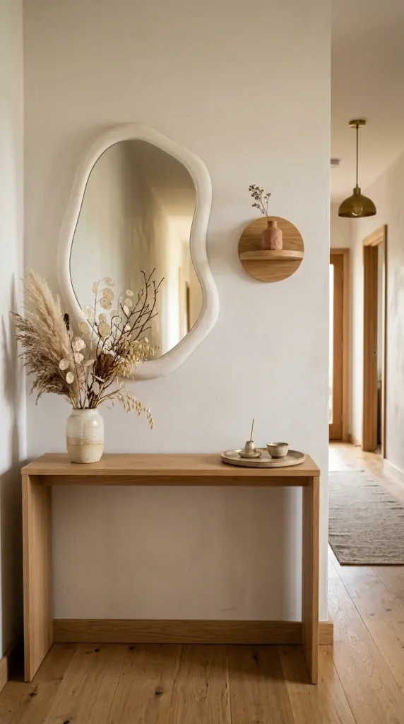 14 Hallway Mirror Ideas Organic Puddle Mirror Console 5 5. Place the Organic Puddle Mirror Asymmetrically Above the Console