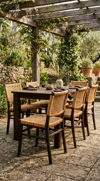 26 Outdoor Patio Ideas With a Cozy Pergola Dining Setup 5 5. Rattan and Timber Outdoor Dining Chairs Around the Pergola Table
