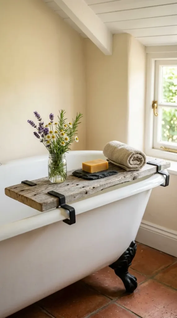 18 Bathtub Caddy Vintage Clawfoot Rustic Wood Floral Brass 5 5. Reclaimed Barn Wood Caddy With Wildflower Posy in a Mason Jar