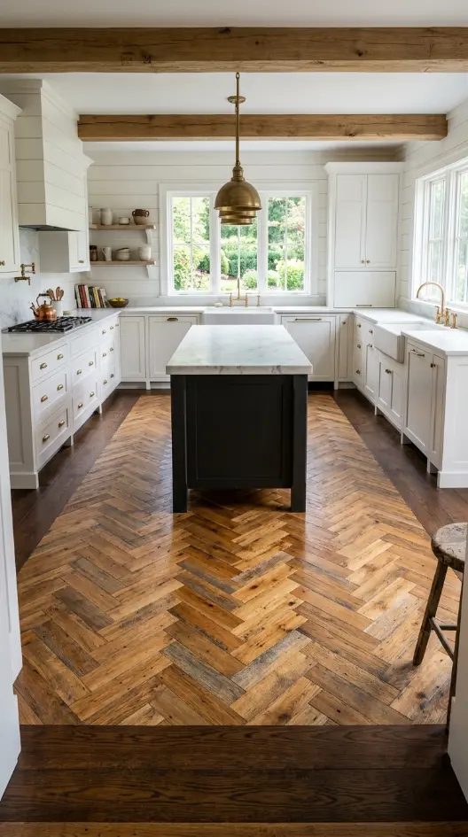 25 Kitchen Flooring Ideas for Farmhouse Herringbone Reclaimed 5 5. Reclaimed Herringbone Floor with Dark Border