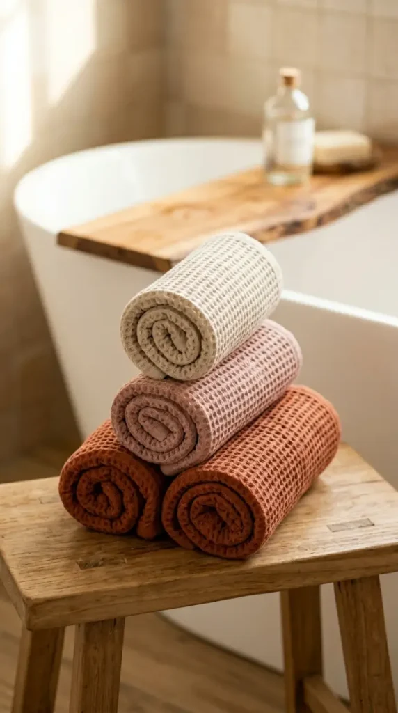 10 Bathtub Tray Ideas Boho Rattan Warm Earthy Style 5 5. Roll Towels in Dusty Rose and Terracotta Tones as a Tray-Side Accent