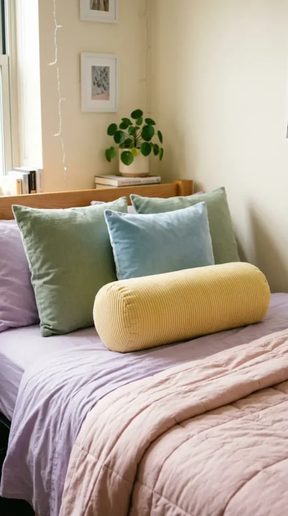16 Dorm Bedding Ideas Pastel Aesthetic Girls Twin XL 5 5. Round Bolster Pillow to Break the Rectangular Monotony